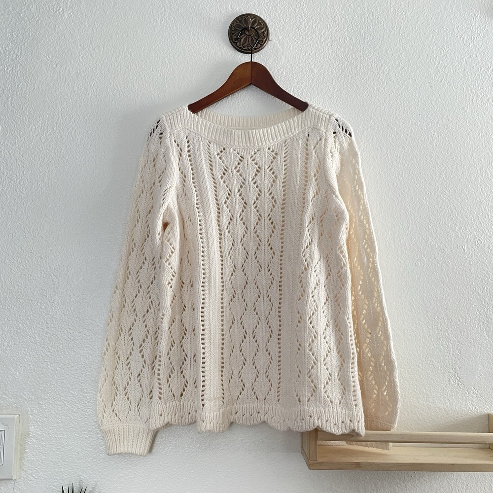 Loft‎ Women's Scalloped Pointelle Sweater Medium Whisper White